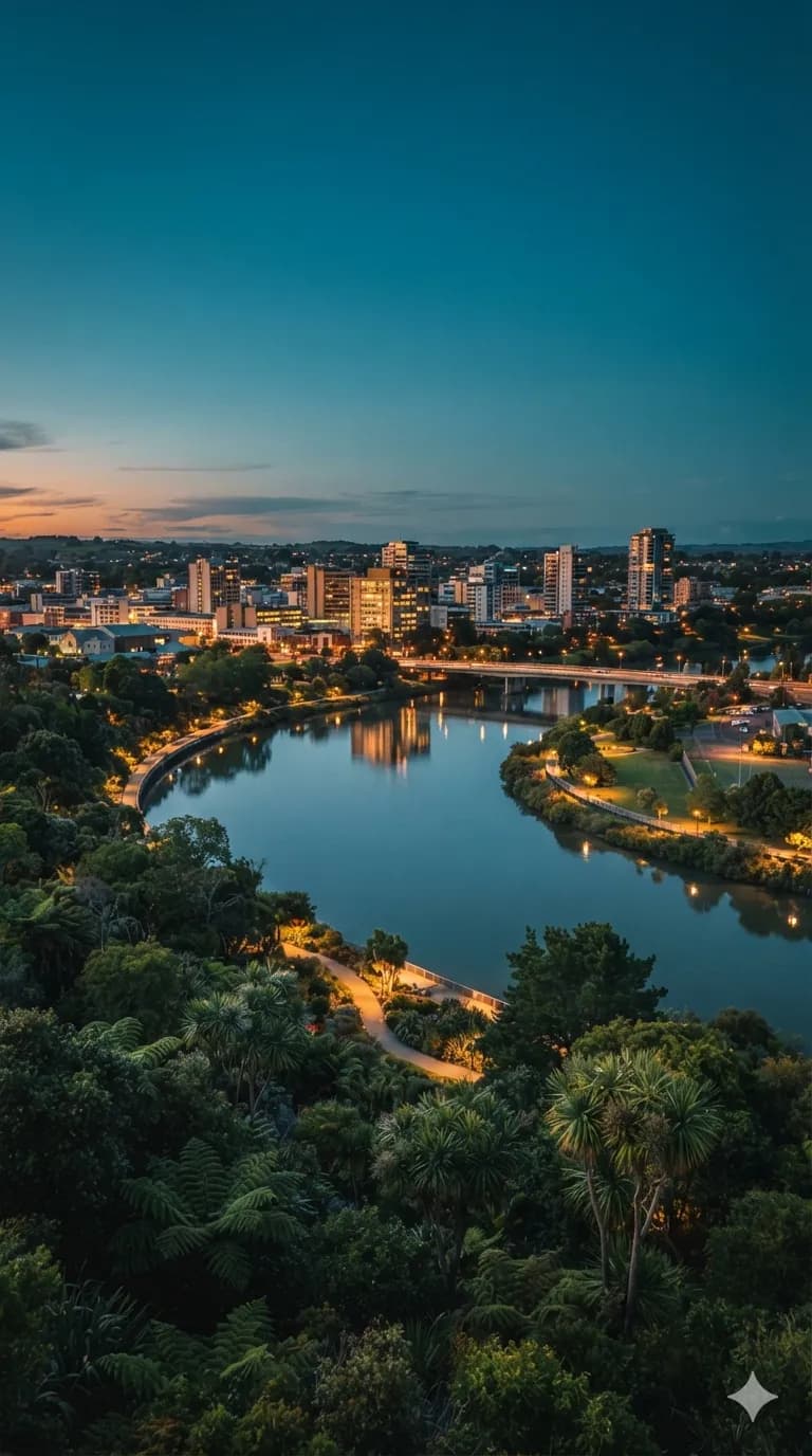 The Waikato River running through Hamilton at dusk